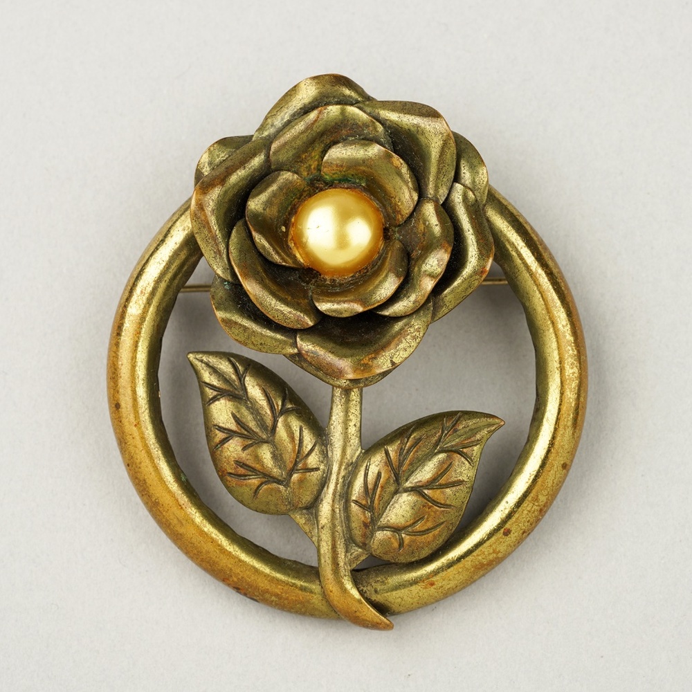 Vintage Brass Flower Brooch Pin with Faux Pearl 1950s